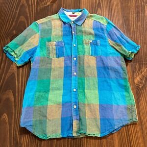 TOMMY BAHAMA Mens Large Short Sleeve Blue Green Plaid Linen Button Shirt